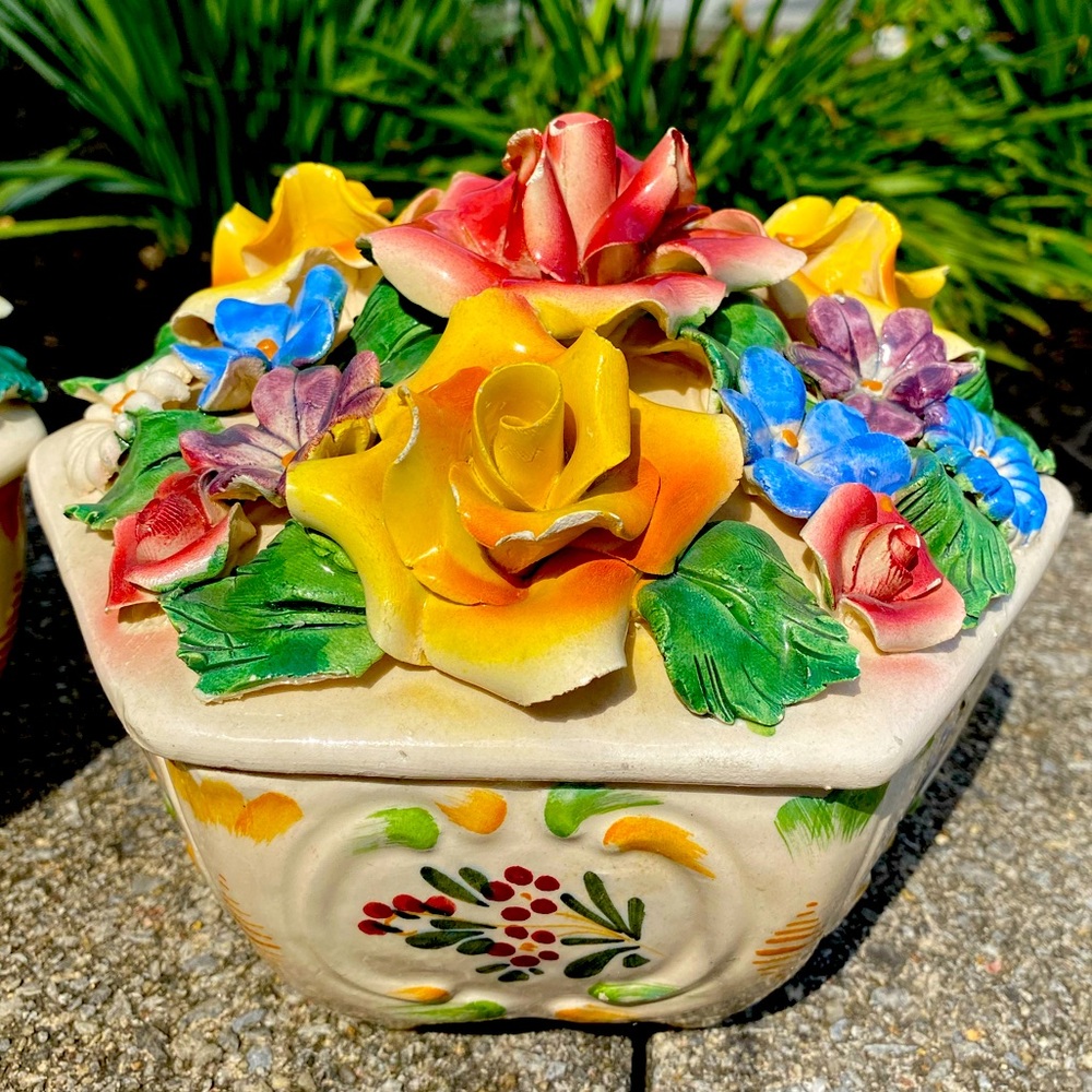 RARE Vintage Porcelain Capodimonte Floral Hexagon Shaped Dish with Lid